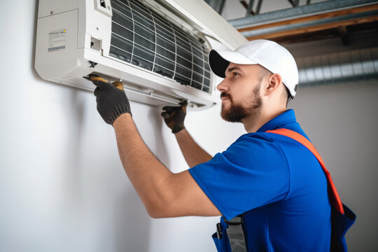 Air conditioning technician servicing a wall-mounted AC unit in Kingman, AZ