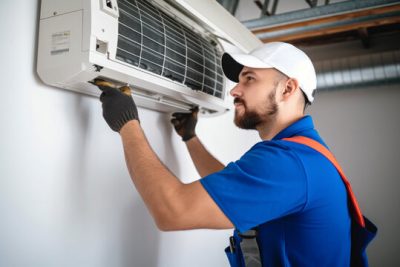 360_F_621046421_Vcay4nYa8ozdeodOQVDfES6MRrC6N3b8 Air conditioning technician servicing a wall-mounted AC unit in Kingman, AZ